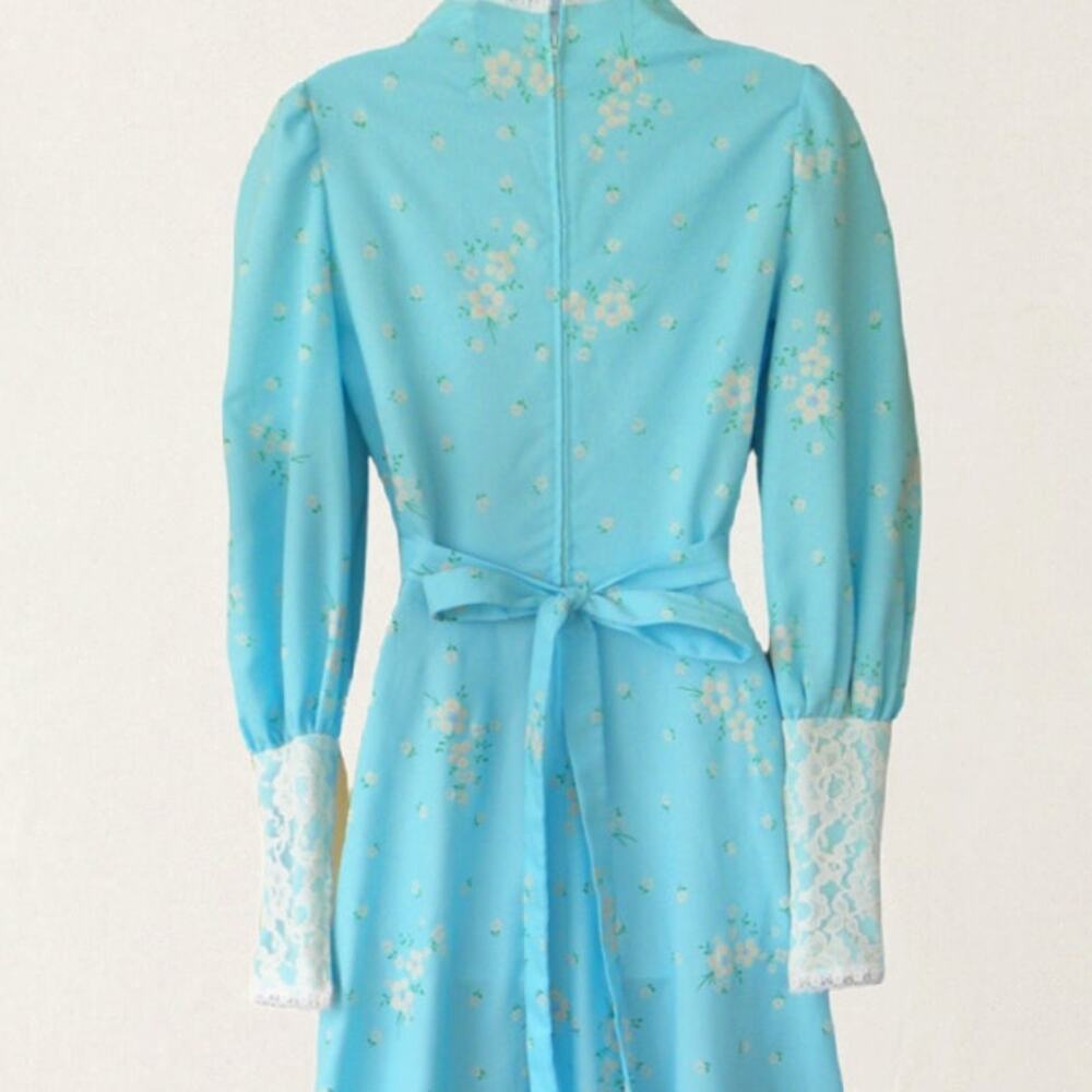 Vintage 70s Blue Prairie Maxi Dress Gunne Sax Style XS Lace Up Cottagecore Boho - Picture 9 of 11